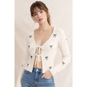 The Workshop Bow Print Ribbed Cardigan Cream Tie Front Cropped Sweater Size M